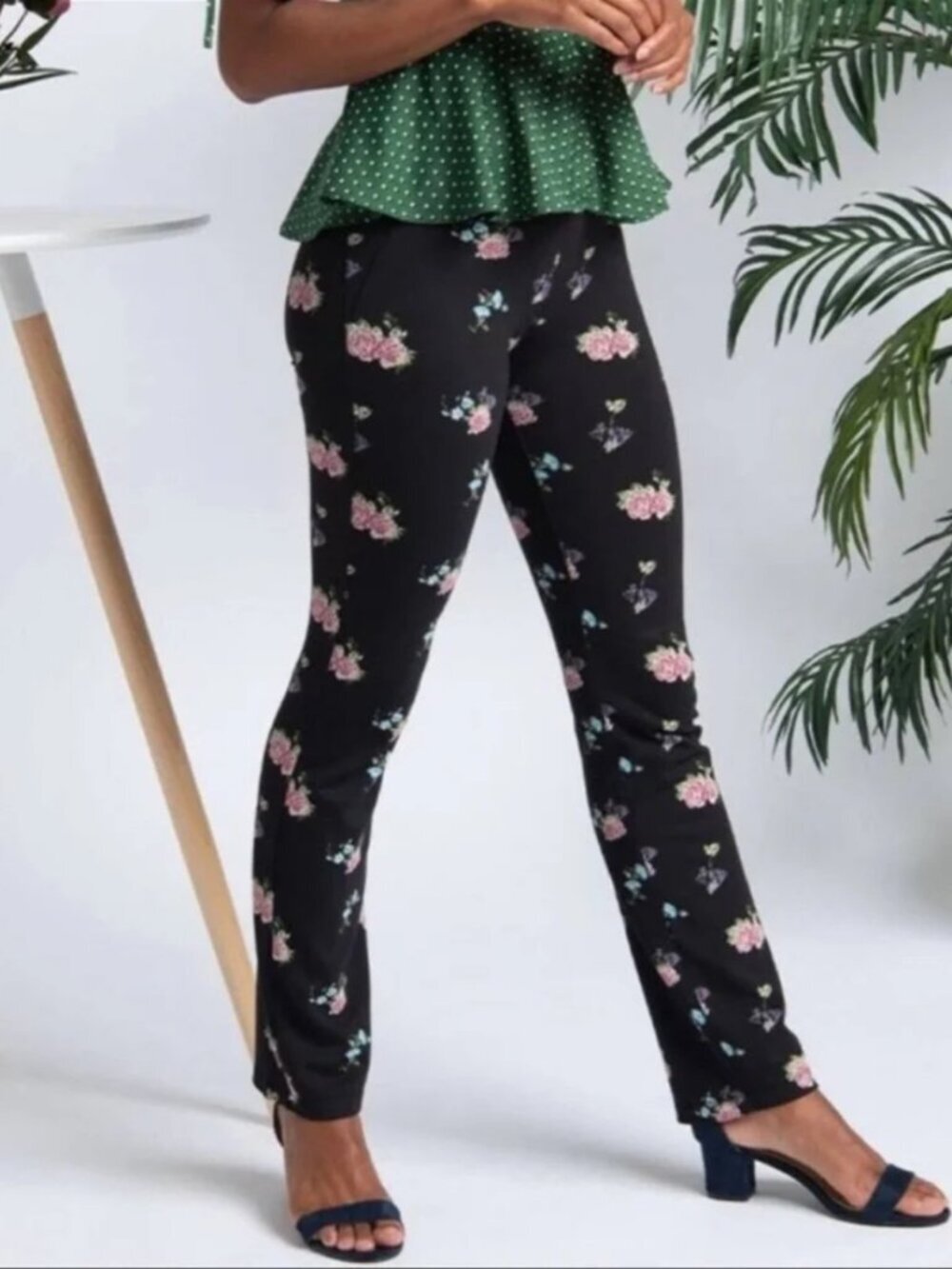 Betabrand Black Bouquet Floral Straight Dress Pant Yoga Pants XL Short Petite